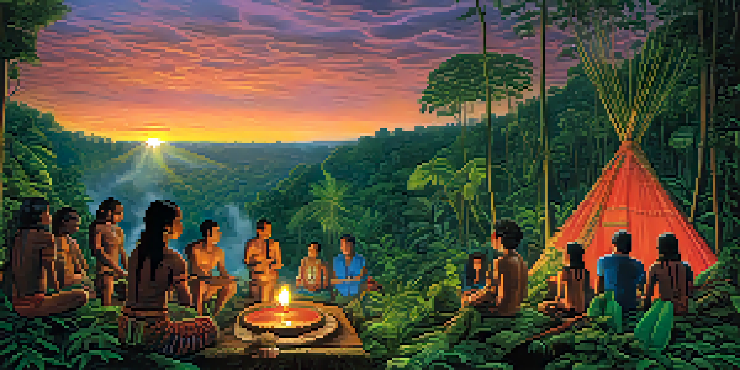 A peaceful scene of an Ayahuasca ceremony in the Amazon rainforest, with colorful garments and candles illuminating the participants.