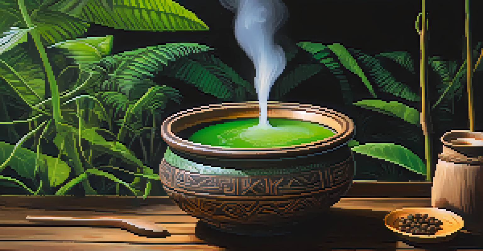 A close-up of a steaming bowl of Ayahuasca brew on a dark wooden table, with tropical plants blurred in the background.