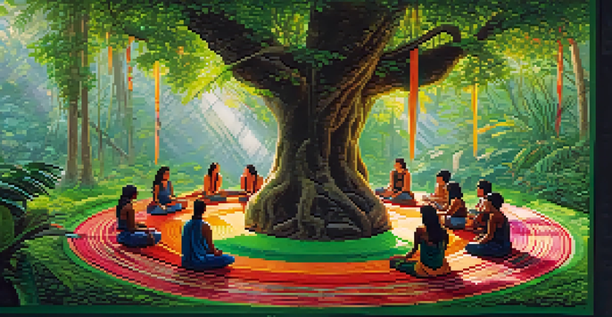 A peaceful Ayahuasca ceremony in the Amazon rainforest with participants sitting on mats, surrounded by greenery and symbolic plants.