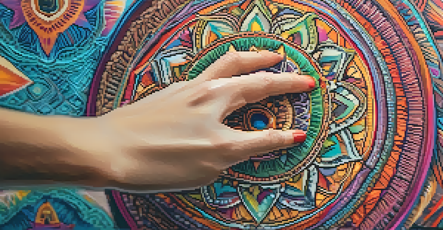 A close-up of a hand touching a colorful mandala, representing growth and reflection.