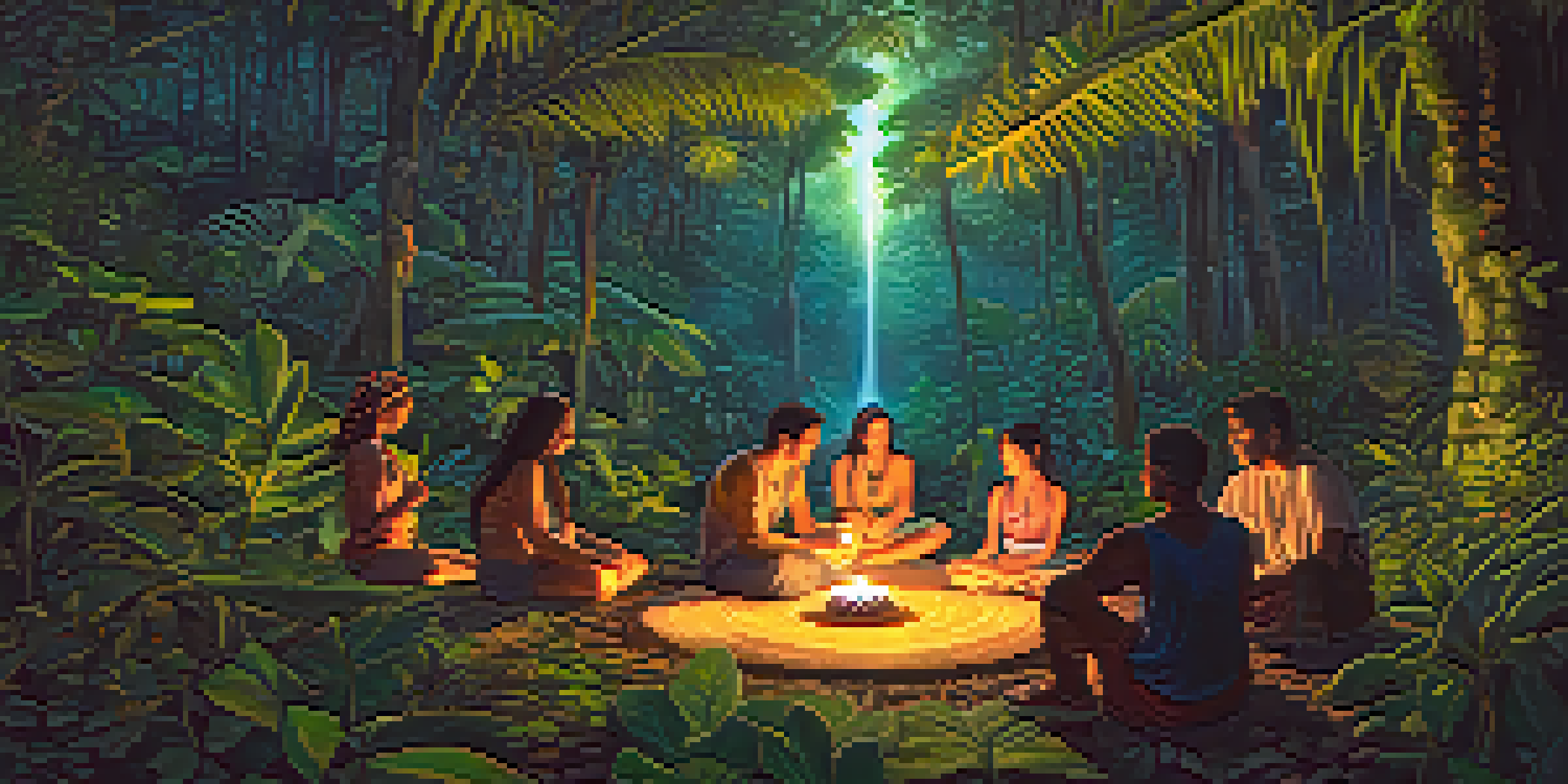 A group of diverse individuals participating in an Ayahuasca ceremony in a lush Amazon jungle, surrounded by glowing fireflies and vibrant foliage.