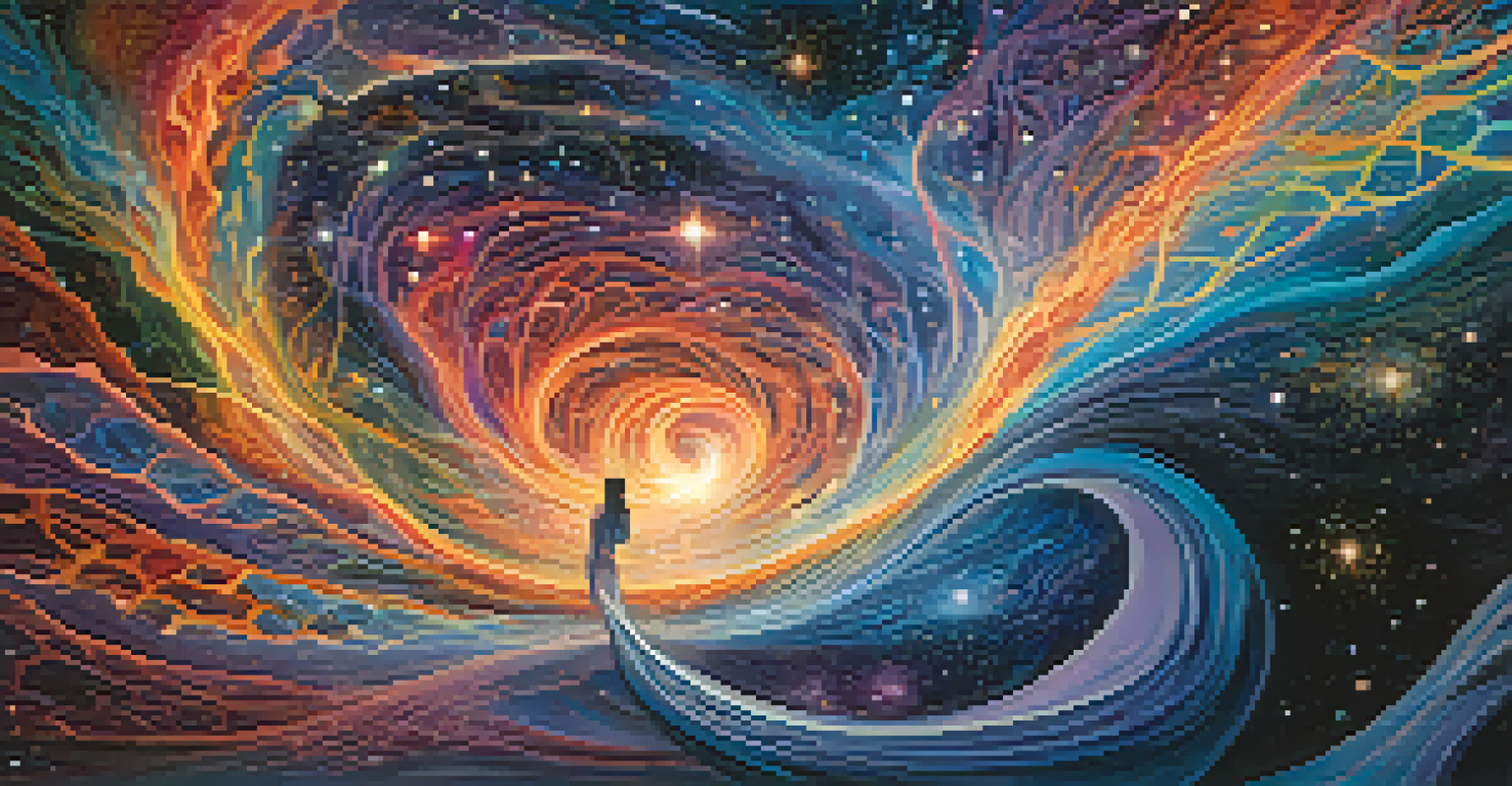 An abstract image of a human silhouette merging with vibrant colors and a cosmic background, symbolizing the concept of non-duality and interconnectedness.