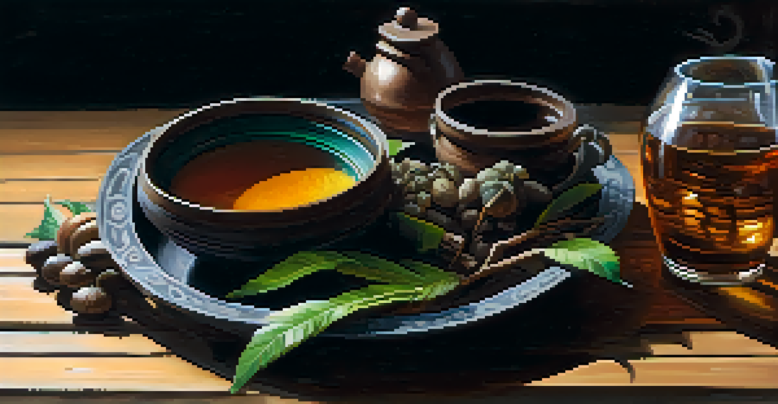 A close-up of a traditional Ayahuasca brew in a ceramic bowl on a wooden table, surrounded by natural elements and soft ambient light.