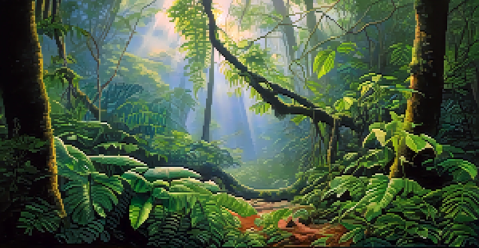 A peaceful Amazon rainforest at dawn with the Banisteriopsis caapi vine and soft sunlight filtering through the trees.