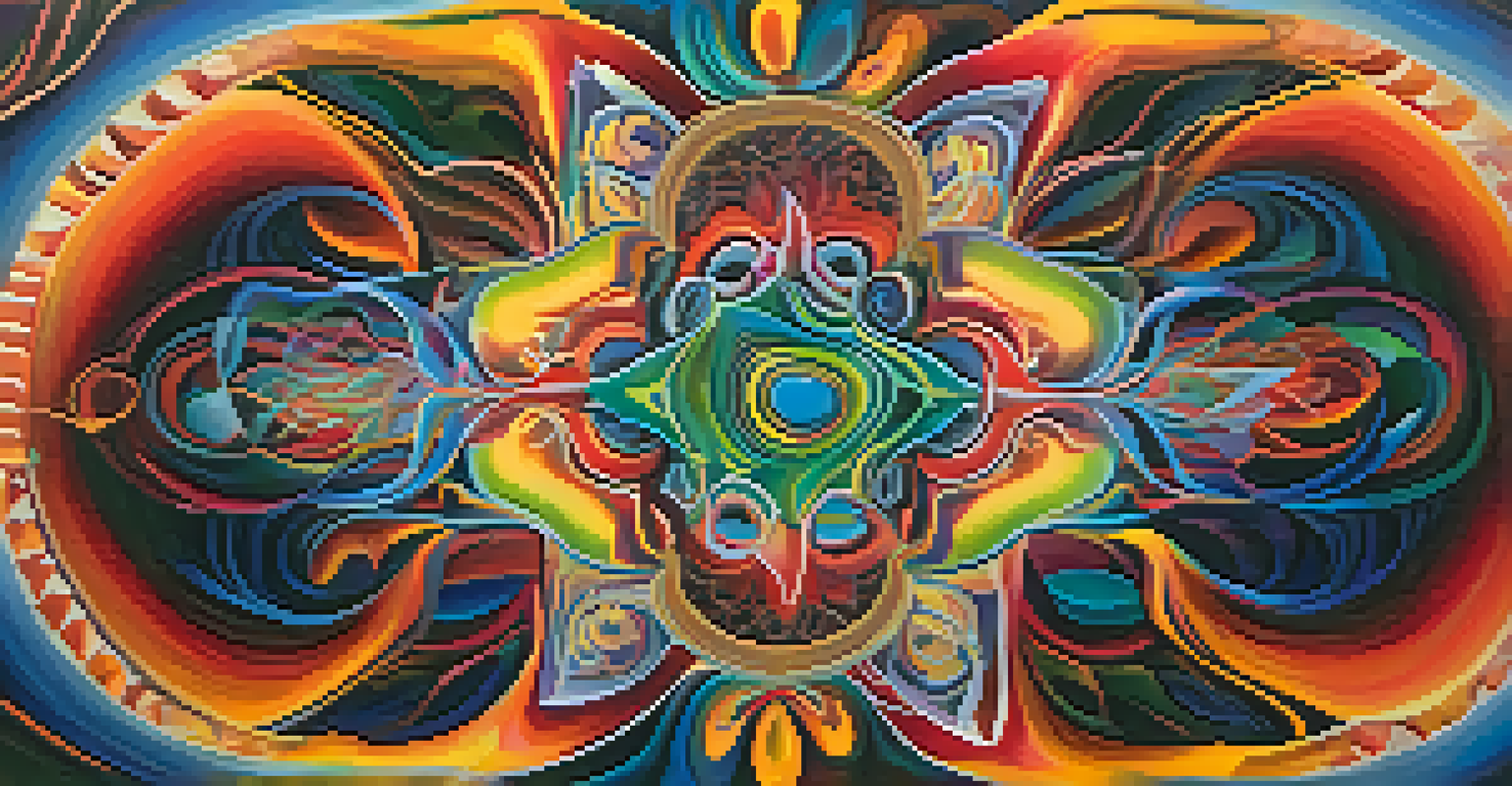 An abstract artwork depicting the vibrant colors and patterns of the Ayahuasca experience, with swirling shapes and light beams creating an immersive visual effect.
