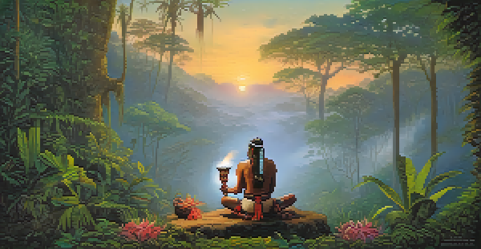 A shaman in traditional attire standing by a fire in the Amazon rainforest at dawn, holding a ceremonial cup.