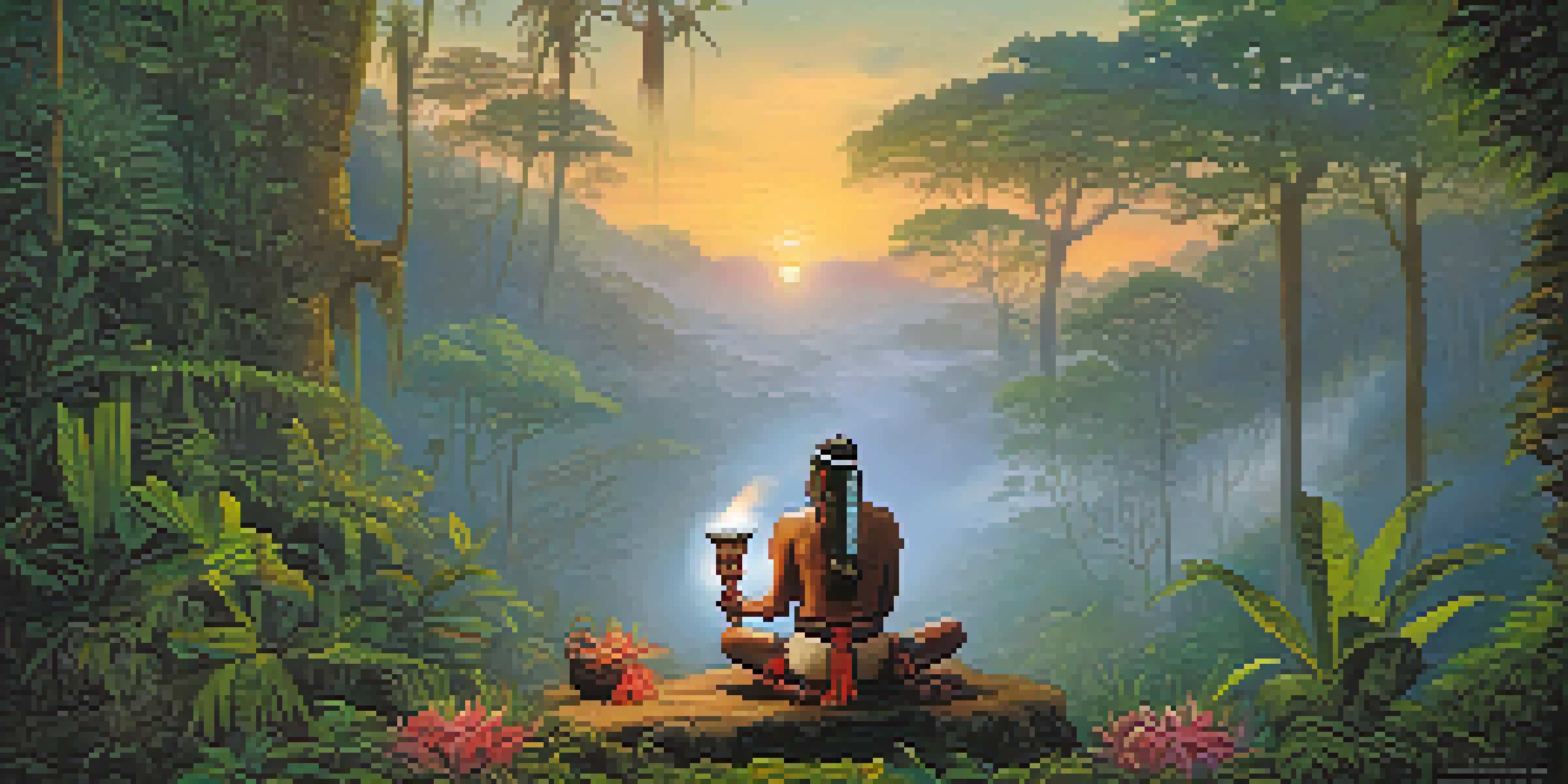 A shaman in traditional attire standing by a fire in the Amazon rainforest at dawn, holding a ceremonial cup.