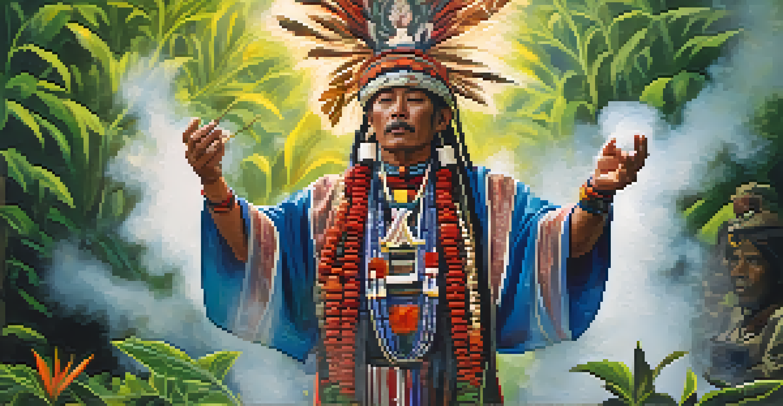 A close-up of a traditional shaman in colorful attire, performing a ritual with aromatic plants and swirling smoke in a mystical green setting.