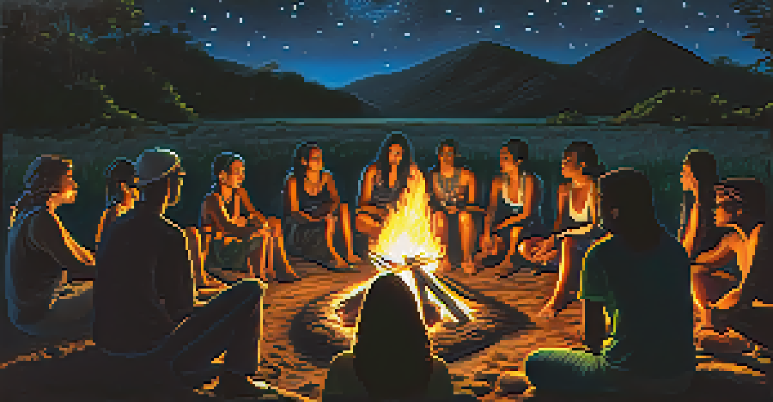 A participant by a campfire during an Ayahuasca ceremony, contemplatively gazing into the flames, surrounded by silhouettes of other attendees.