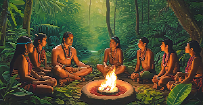 Indigenous people gathered around a ceremonial fire in a lush Amazon rainforest, with an Ayahuasca brew pot at the center.