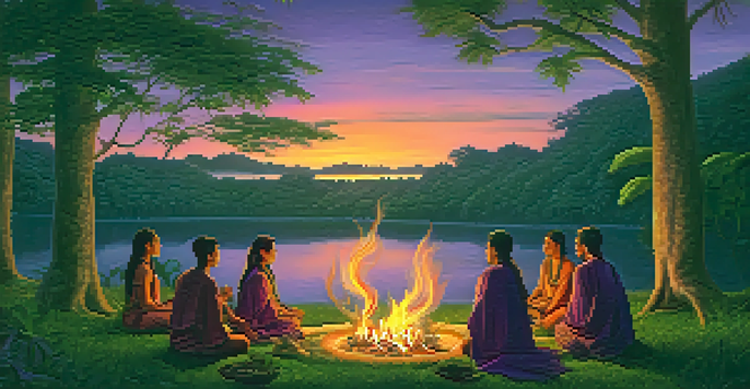 An Amazonian landscape at dusk with a traditional Ayahuasca ceremony, participants seated in a circle around a fire, and a shaman guiding the event.