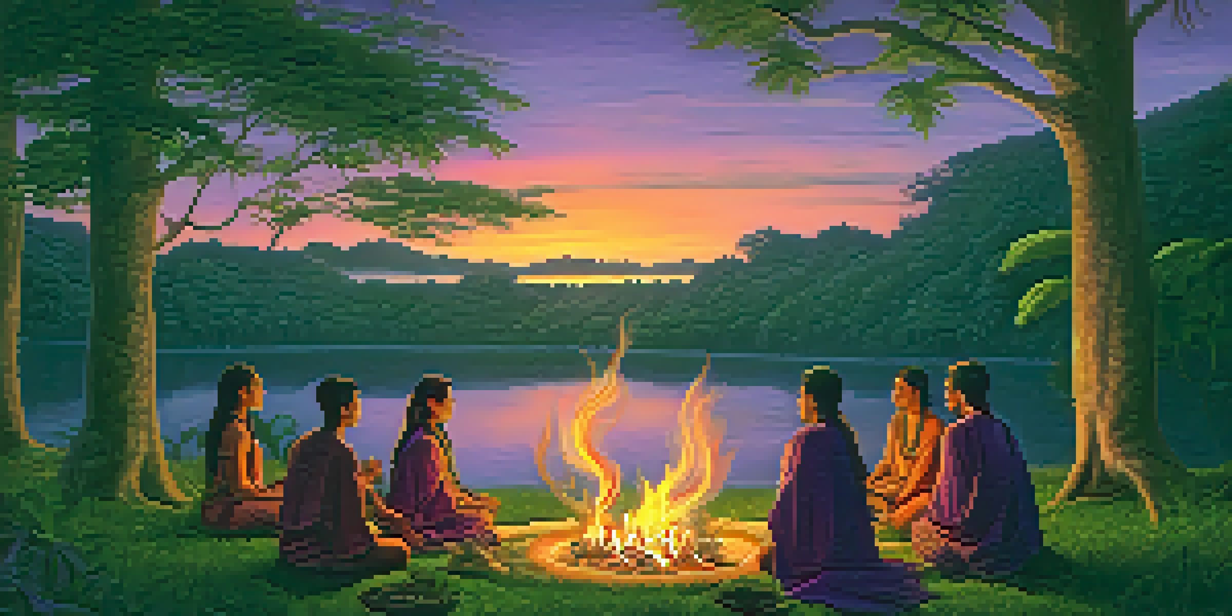 An Amazonian landscape at dusk with a traditional Ayahuasca ceremony, participants seated in a circle around a fire, and a shaman guiding the event.