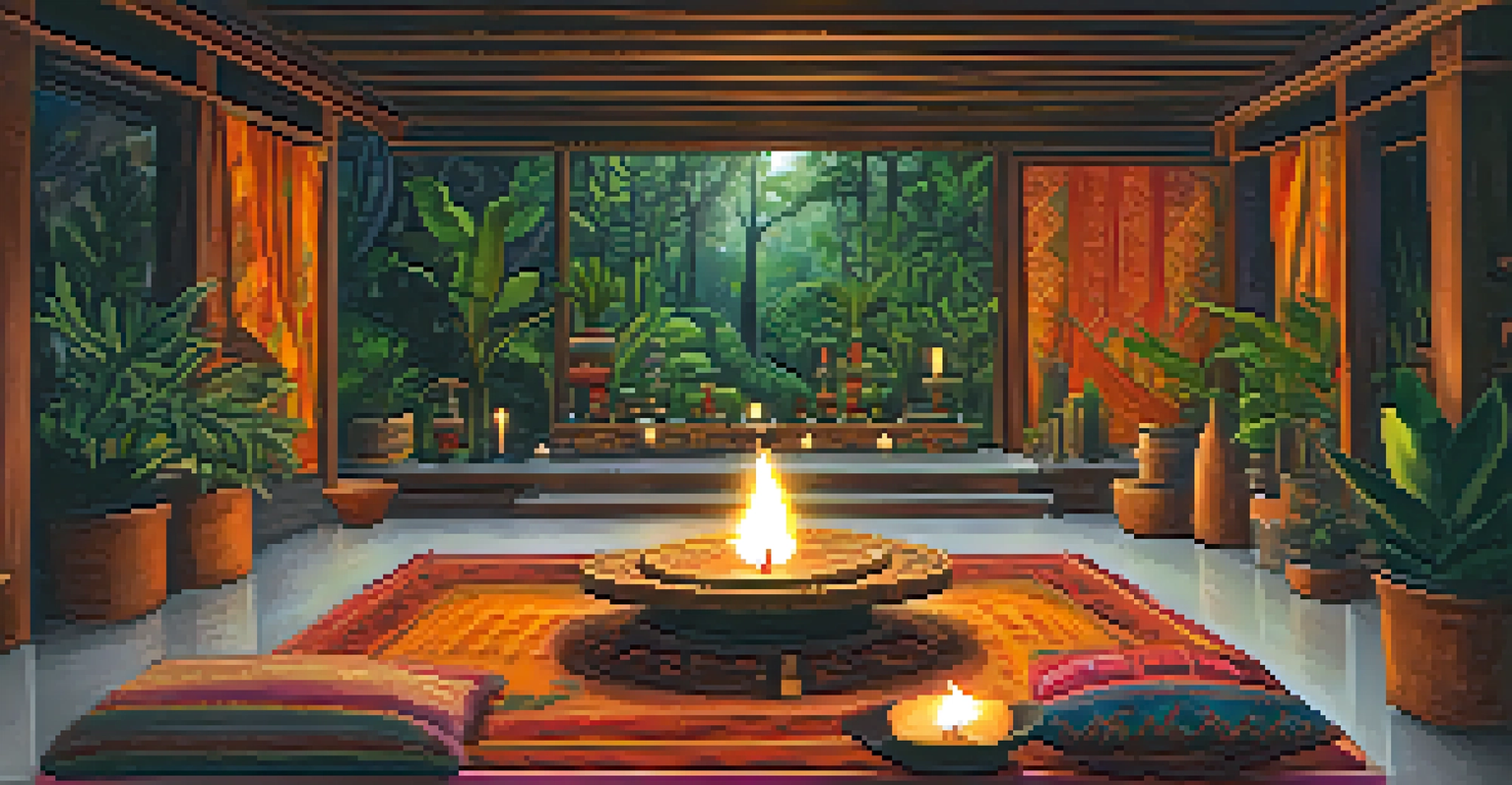 A cozy indoor space for an Ayahuasca ceremony with cushions and an altar.