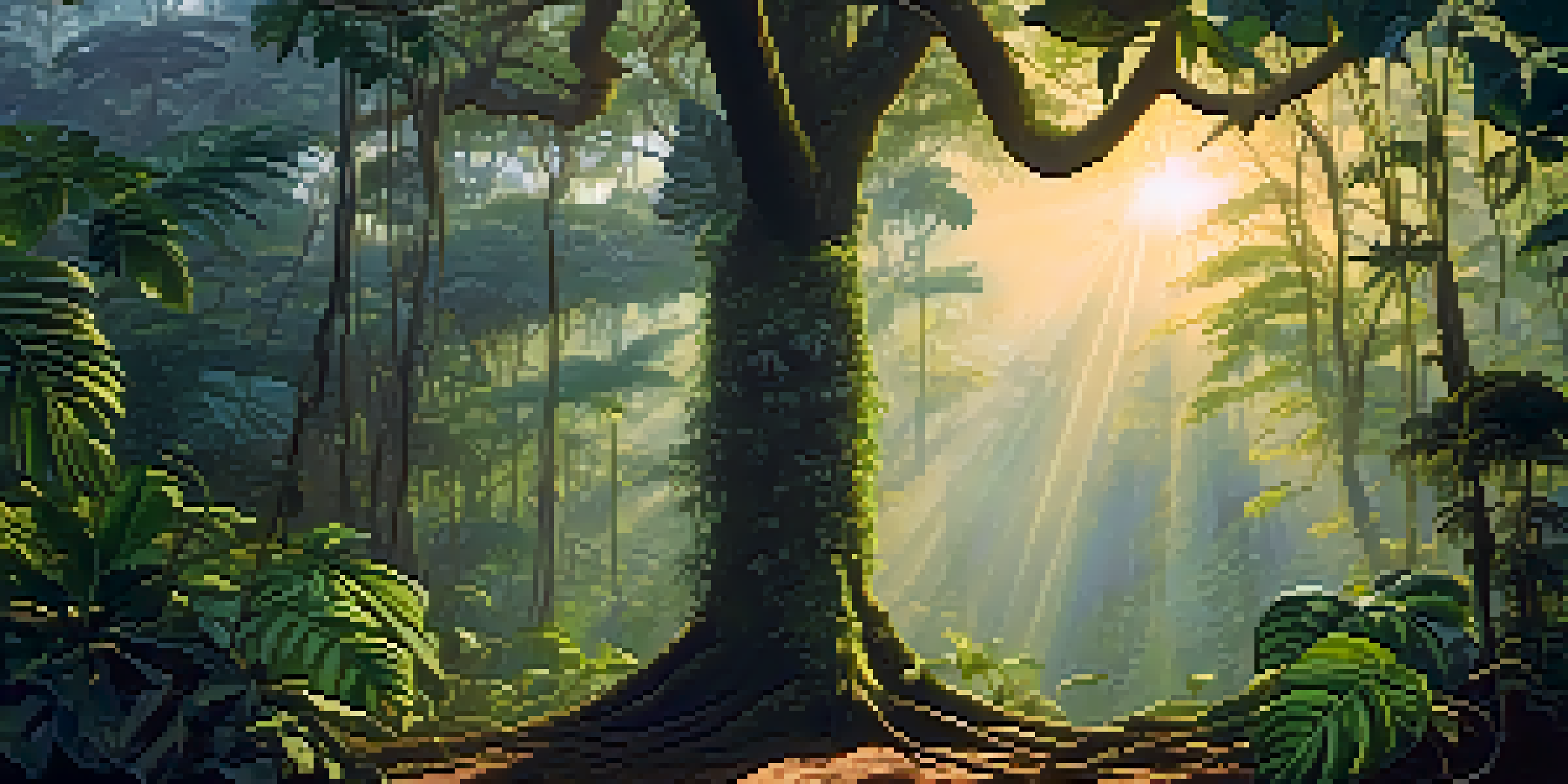 A tranquil scene of the Amazon rainforest at sunrise, showcasing a vine and leaves in soft golden light.