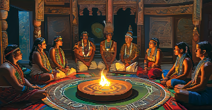 Participants in a circle during an Ayahuasca ceremony led by a shaman, with sacred objects and candlelight creating a peaceful atmosphere.