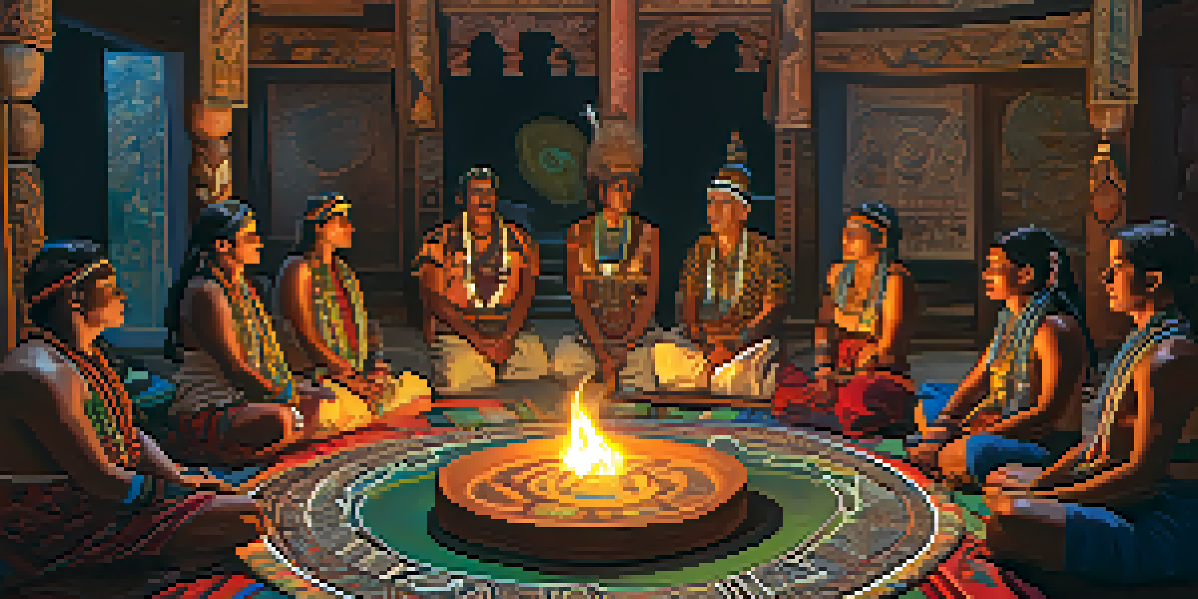 Participants in a circle during an Ayahuasca ceremony led by a shaman, with sacred objects and candlelight creating a peaceful atmosphere.