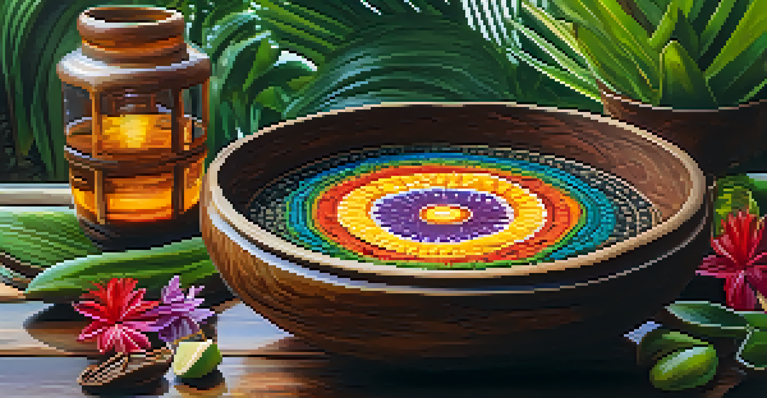A close-up of Ayahuasca brew in a wooden bowl, surrounded by tropical plants and flowers, with soft sunlight filtering through the leaves.