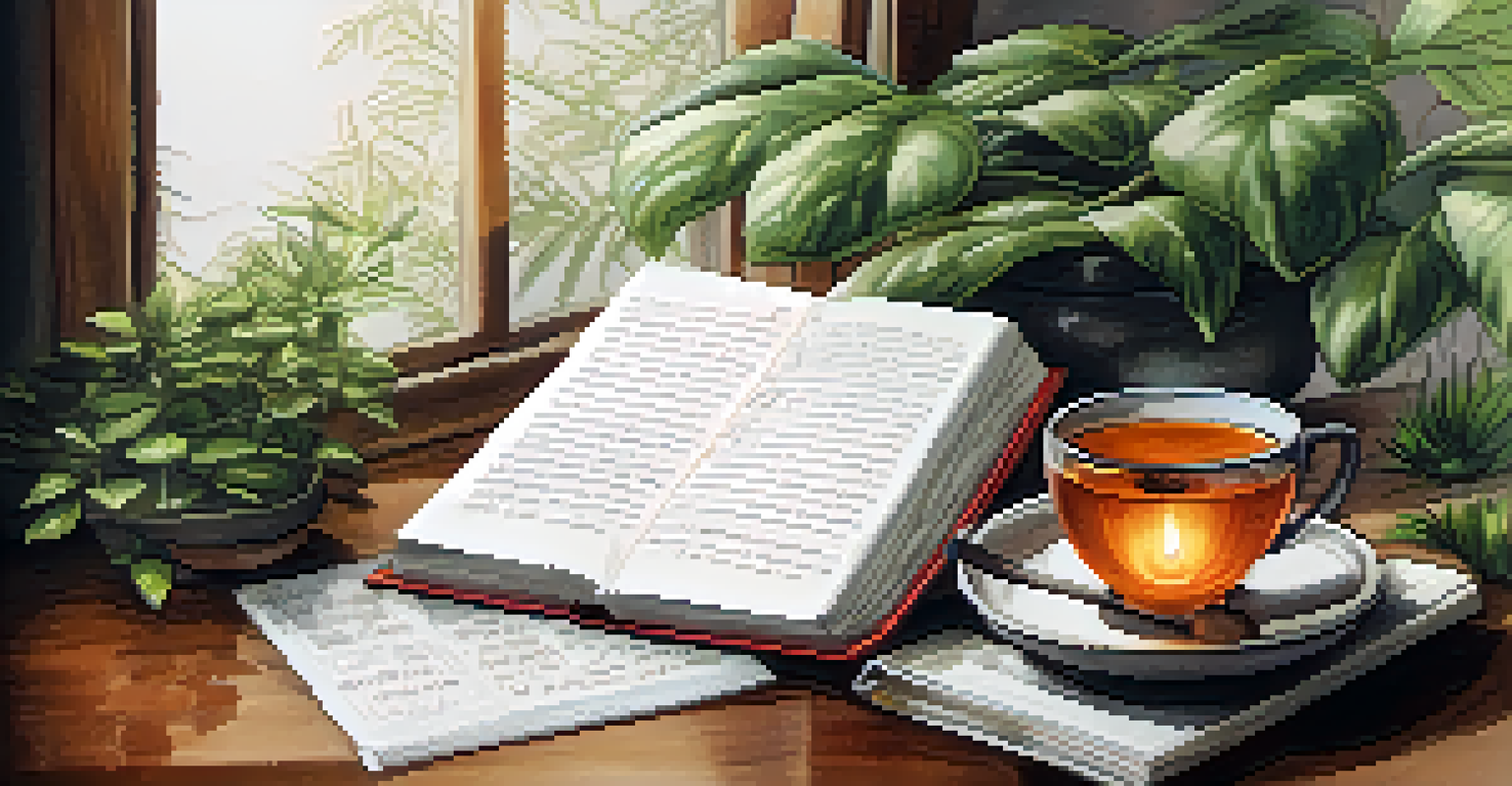A close-up of an open journal with handwritten notes and drawings about Ayahuasca insights, alongside a cup of herbal tea and a potted plant.