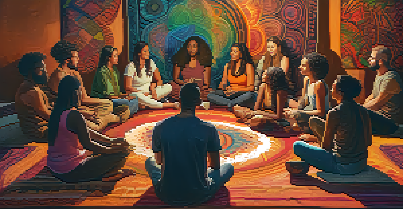 A diverse group of people sitting in a circle in a workshop space, sharing their experiences with expressions of connection, surrounded by colorful art and quotes.