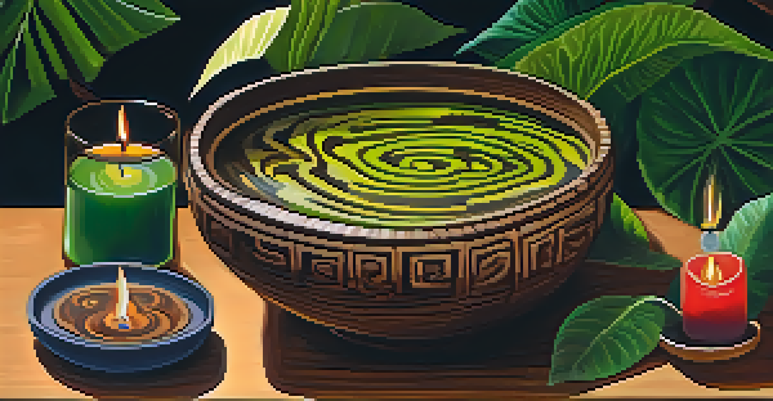 Close-up of Ayahuasca brew in a wooden bowl, surrounded by candles and tropical foliage.