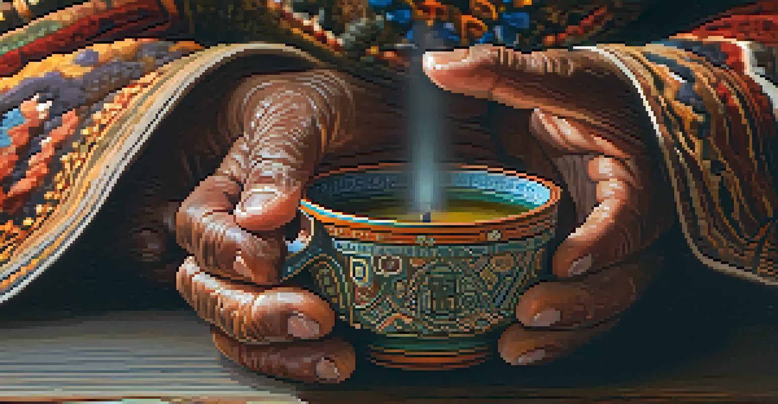 Close-up of an older adult's hands holding a ceramic cup of ayahuasca brew, with a softly blurred background of candles and ceremonial items.