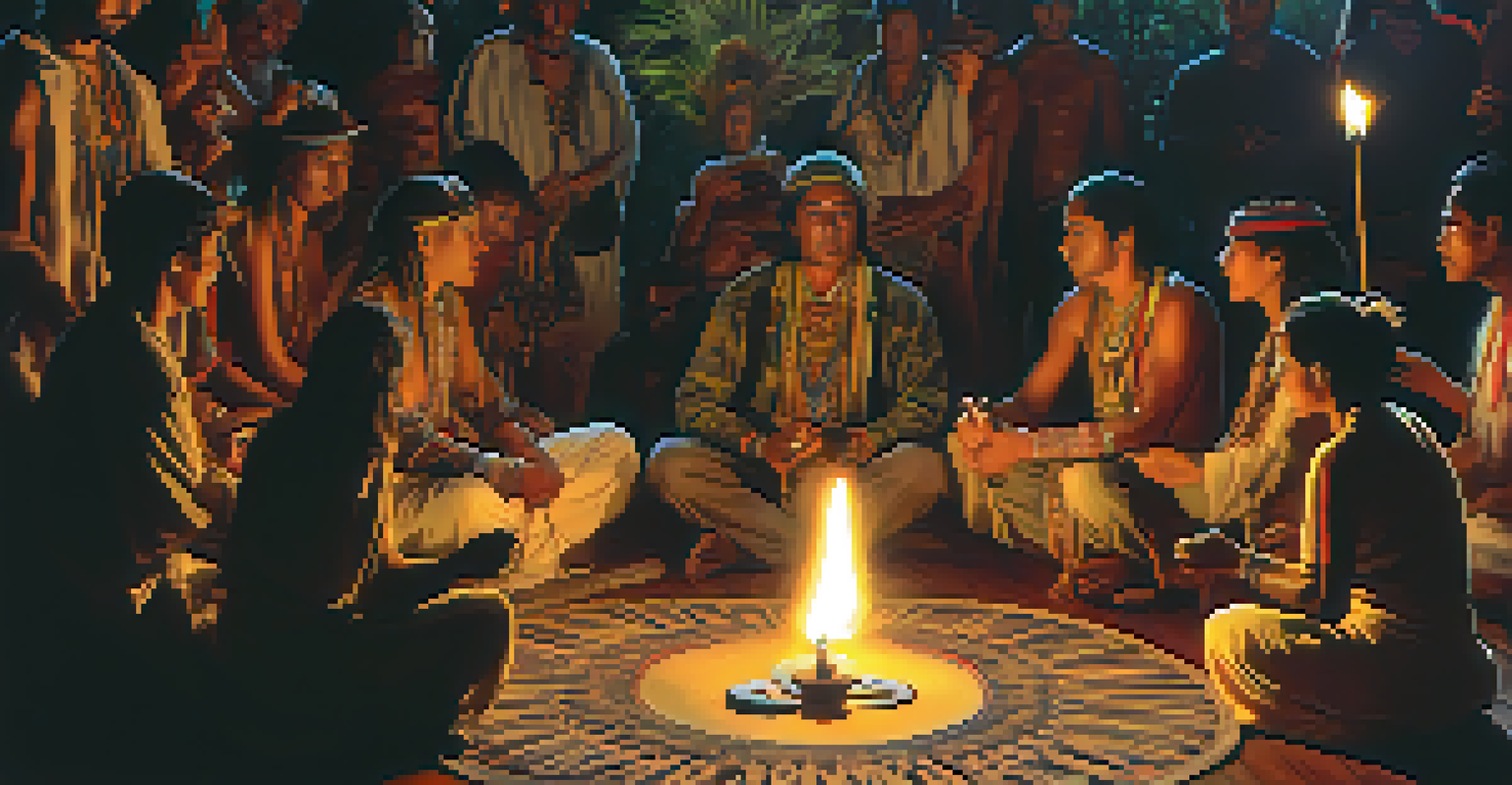 A close-up of a traditional shaman leading an ayahuasca ceremony with participants seated in a circle, illuminated by candlelight.