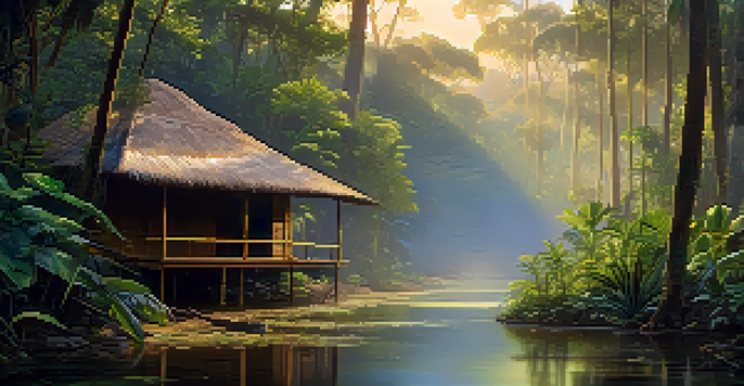 A tranquil Amazon rainforest at sunrise with mist, a rustic hut, and a gentle stream reflecting the dawn light.