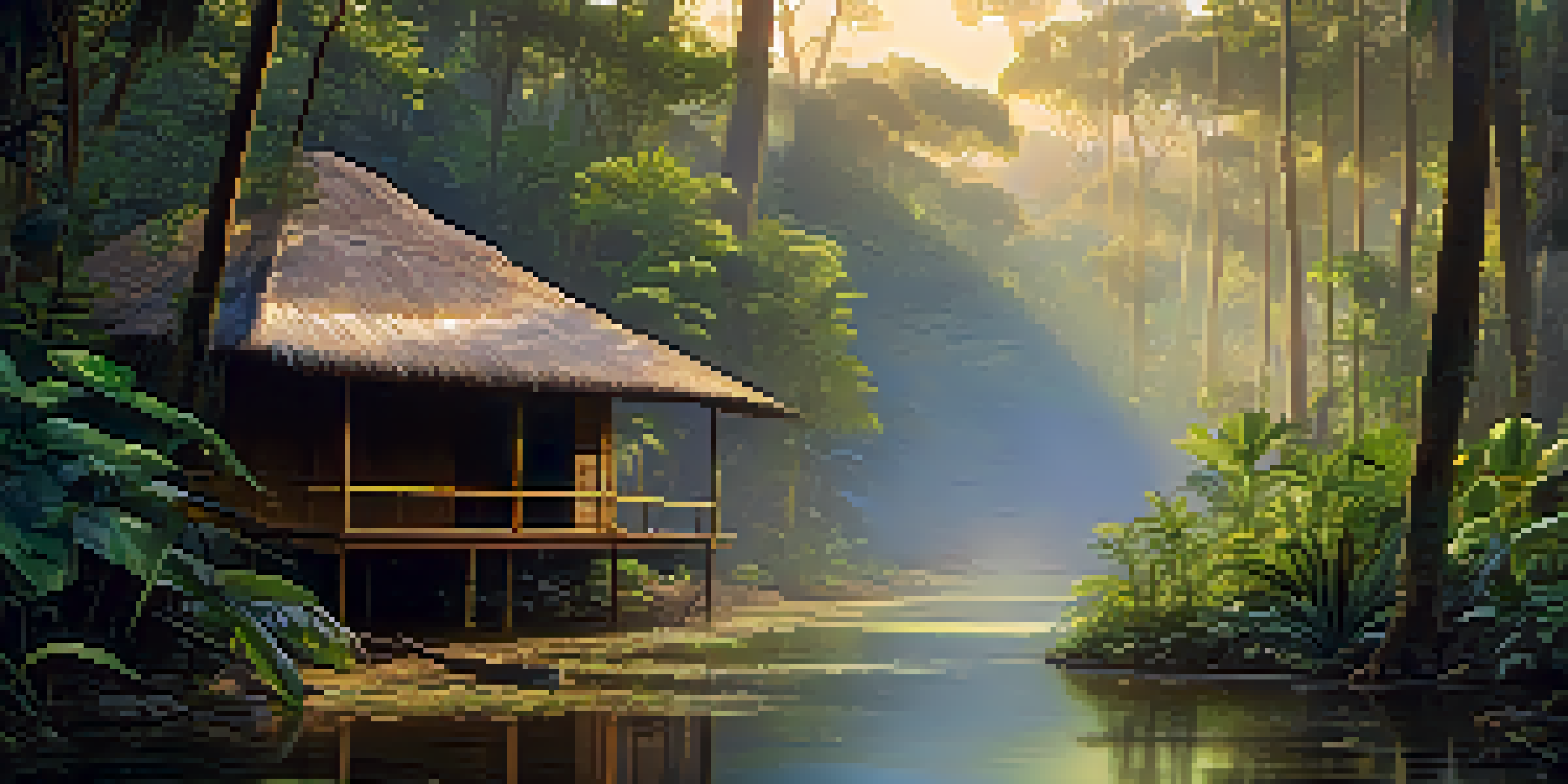 A tranquil Amazon rainforest at sunrise with mist, a rustic hut, and a gentle stream reflecting the dawn light.