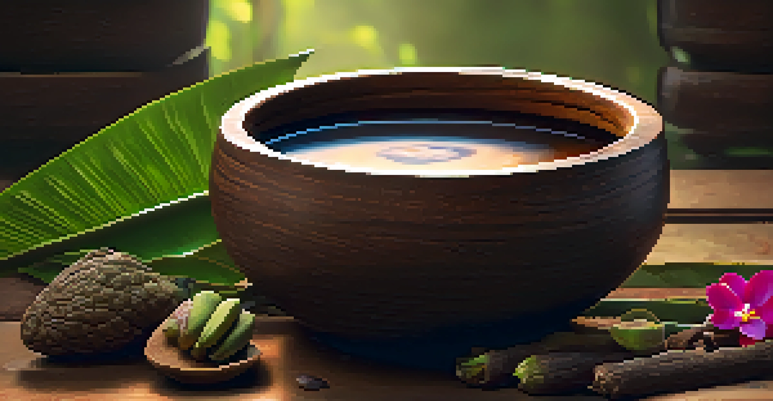 A close-up of Ayahuasca brew in a handcrafted bowl, surrounded by tropical greenery.