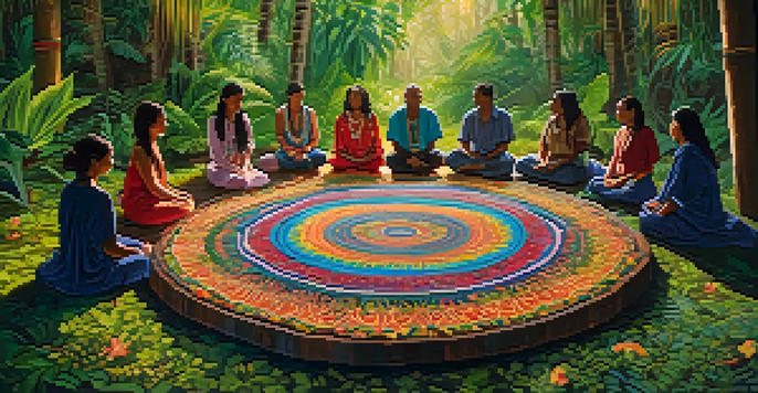 A group of participants sitting in a circle on colorful mats, surrounded by greenery, with a ceremonial altar in the center.