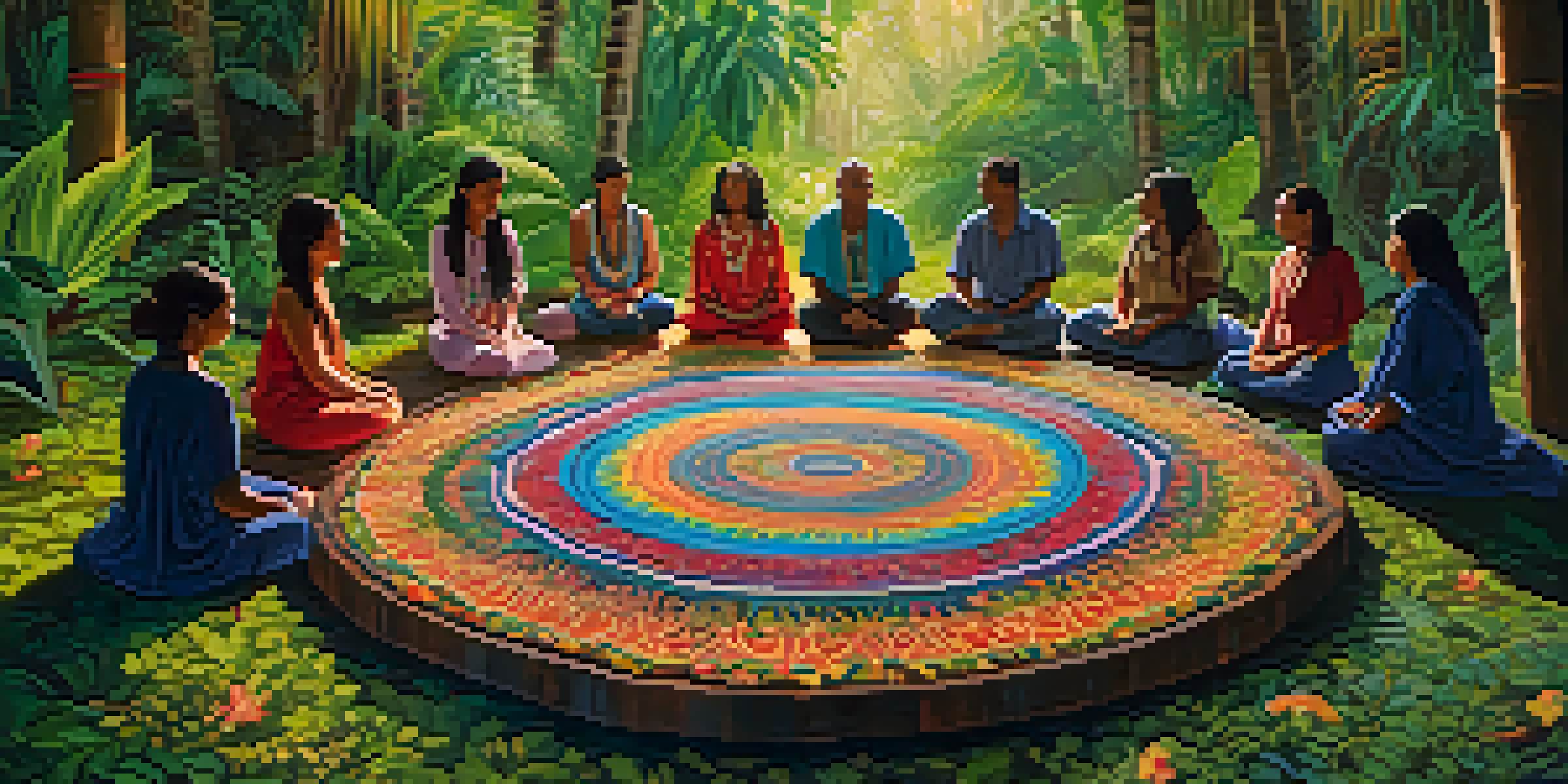 A group of participants sitting in a circle on colorful mats, surrounded by greenery, with a ceremonial altar in the center.