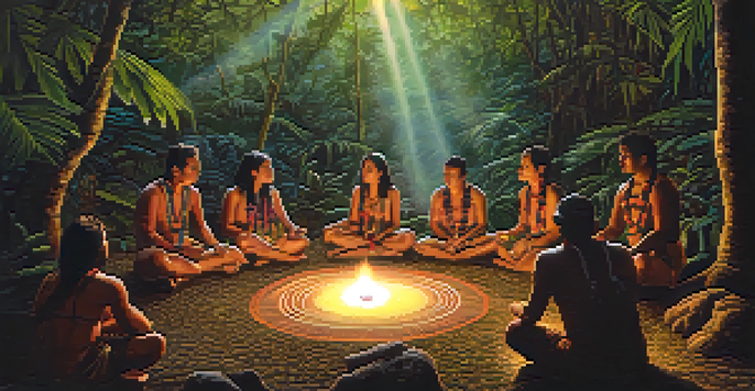 A group of people engaged in a spiritual Ayahuasca ceremony in the rainforest, surrounded by trees and soft light.