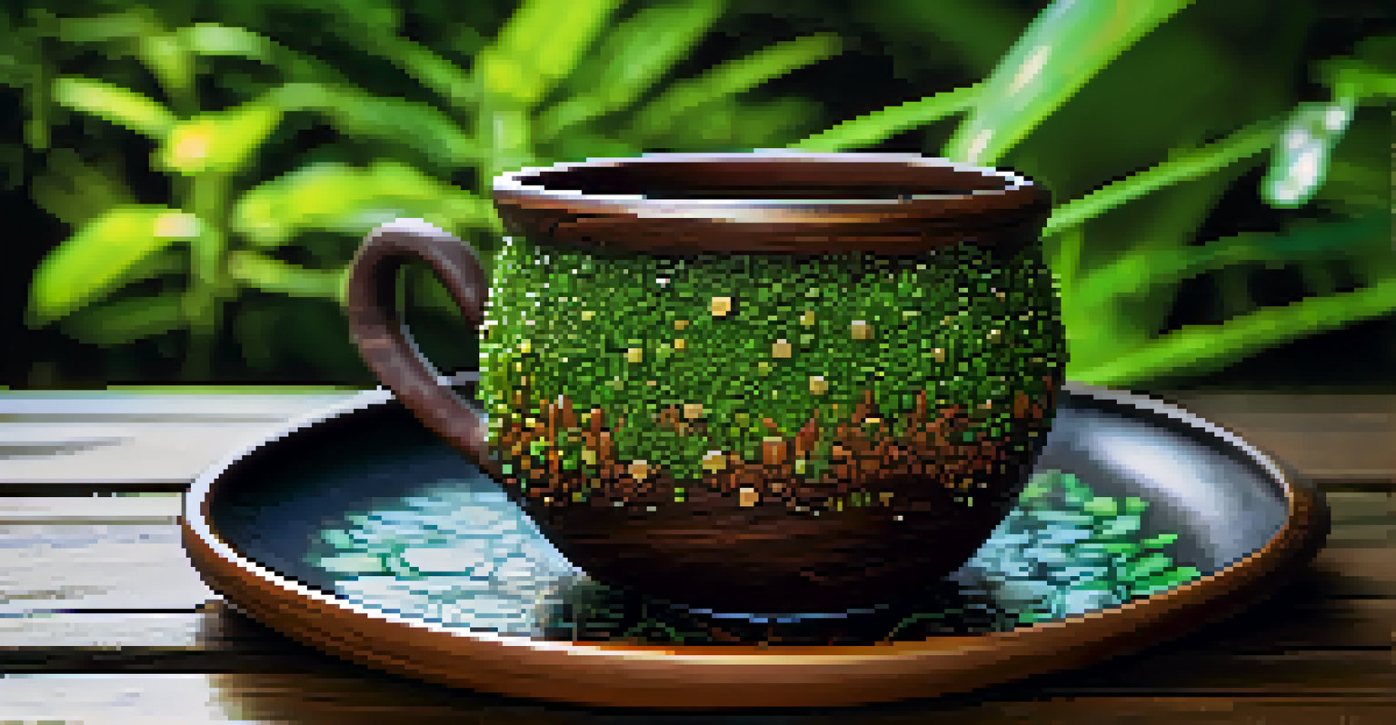 A close-up of a natural cup filled with Ayahuasca brew on a wooden table, surrounded by greenery and sunlight.