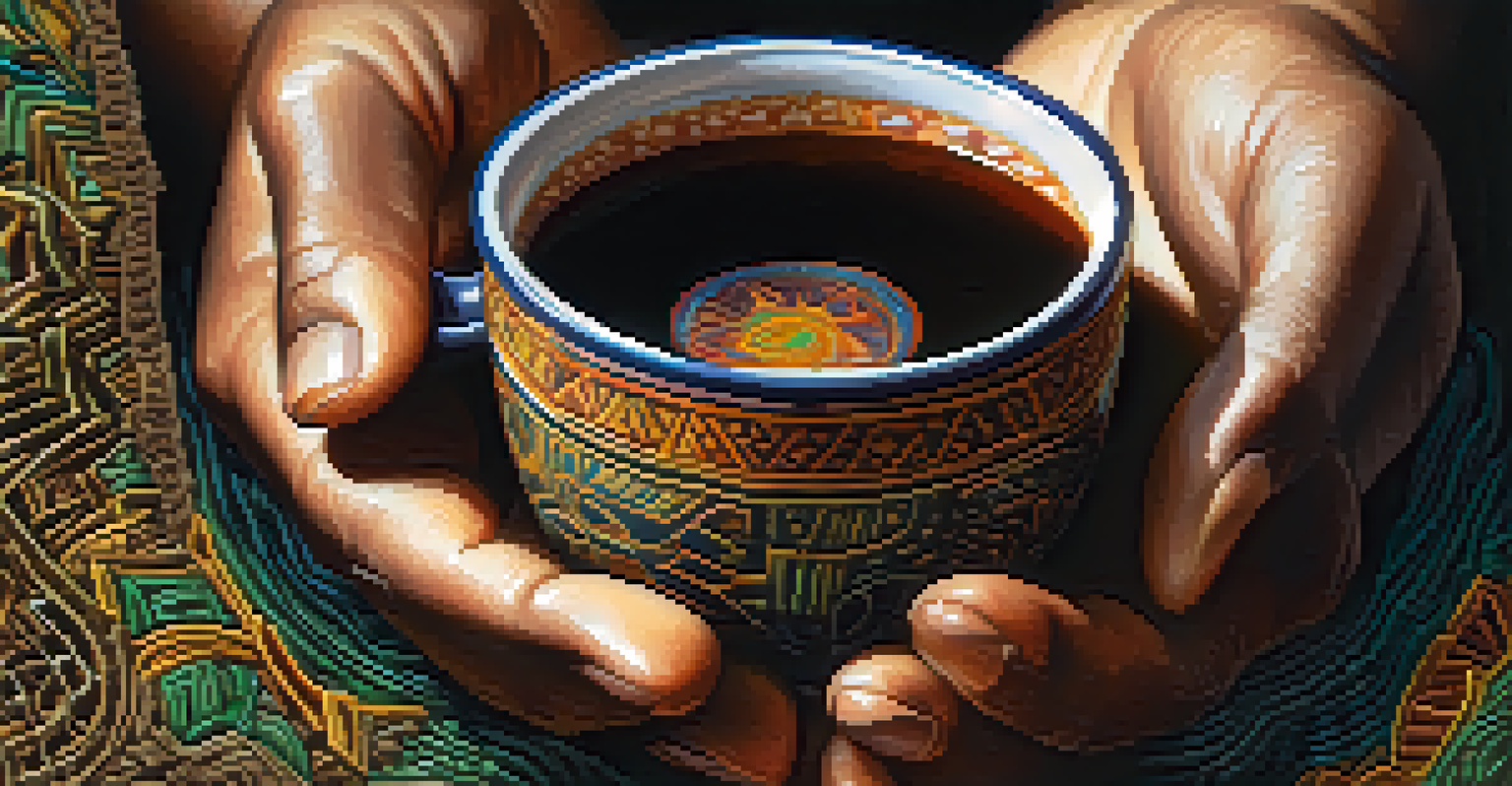 A close-up of hands holding a cup of Ayahuasca brew, with natural light highlighting the textures of the cup and liquid.