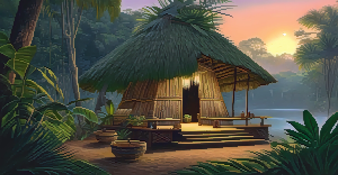 A tranquil Amazonian jungle with a ceremonial hut surrounded by lush greenery at dusk.