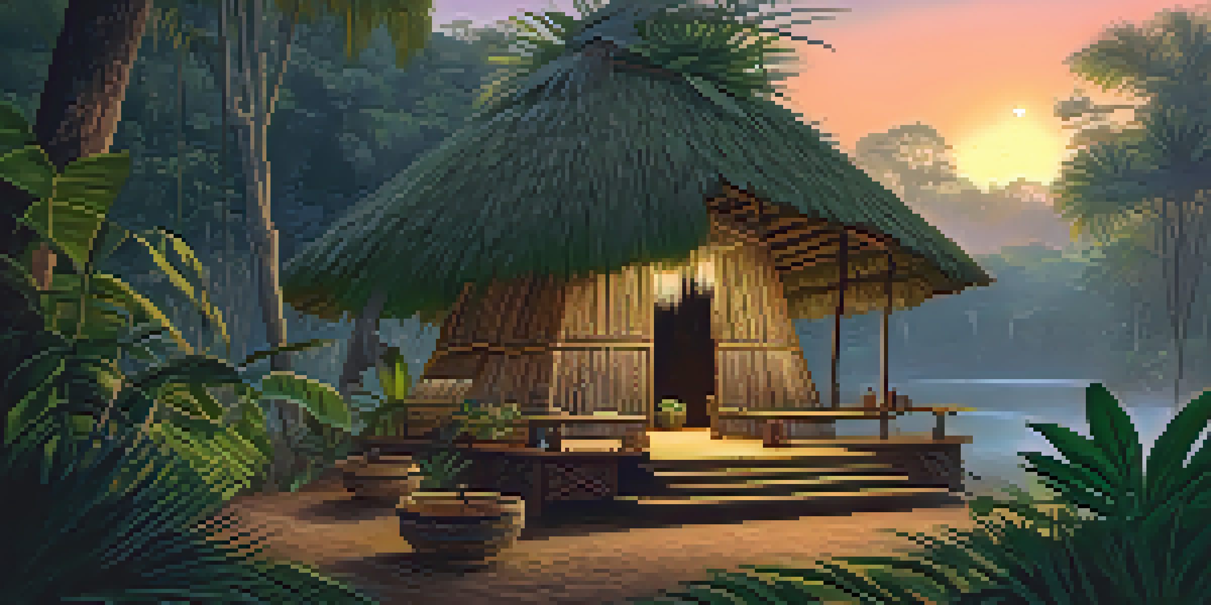 A tranquil Amazonian jungle with a ceremonial hut surrounded by lush greenery at dusk.