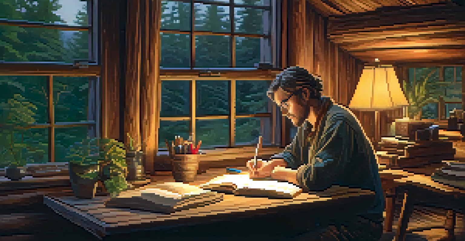 A writer in a cozy cabin, journaling at a wooden desk, surrounded by plants and candlelight, with a view of the forest outside.