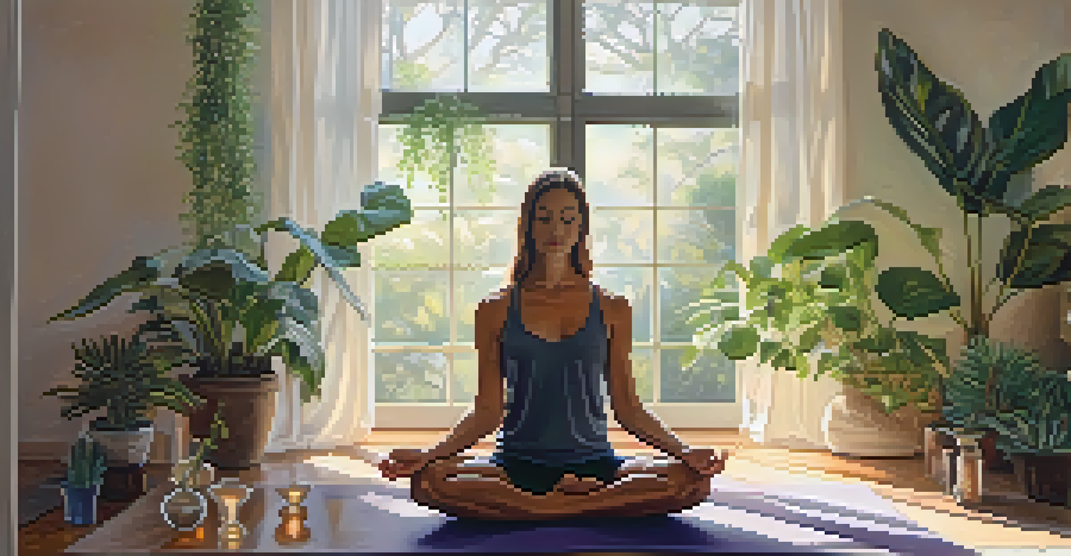 A person meditating on a yoga mat in a softly lit room surrounded by plants and crystals, conveying a sense of peace.