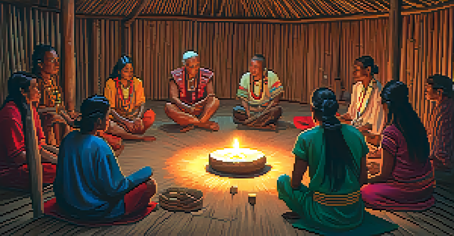 Participants in an ayahuasca ceremony inside a wooden hut, illuminated by candlelight.