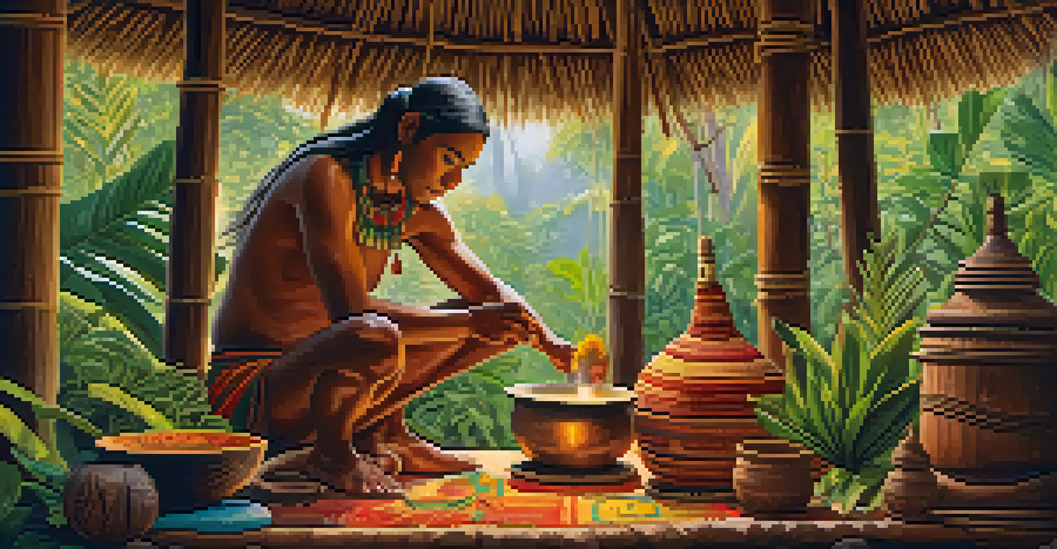 An indigenous healer making Ayahuasca in a wooden hut, surrounded by plants and decorated with colorful ceremonial items.
