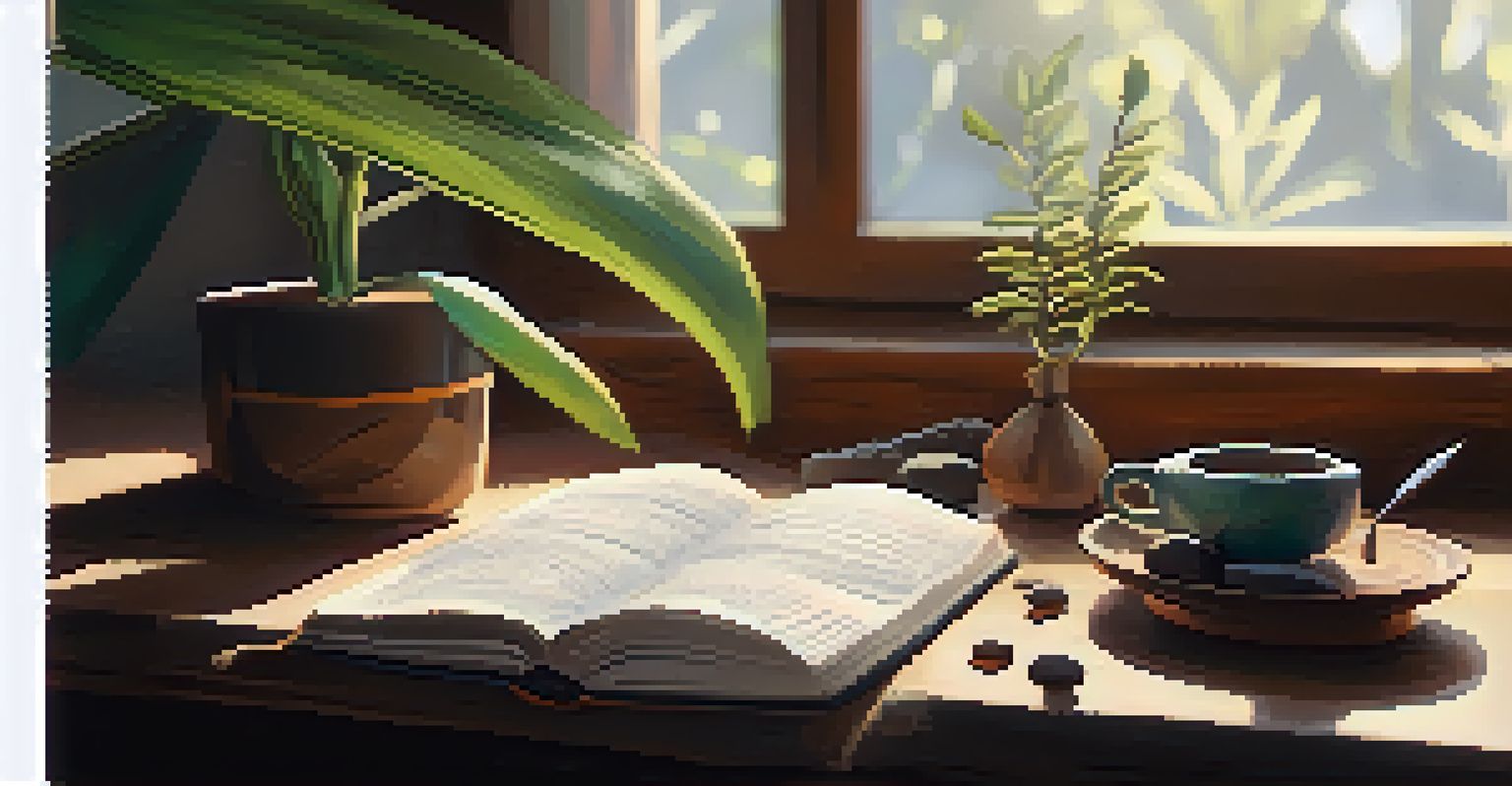 An open journal with notes on personal transformation, surrounded by natural elements and soft sunlight.