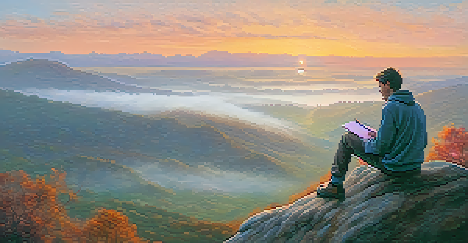 A person journaling on a rocky outcrop at sunrise, overlooking a misty valley.