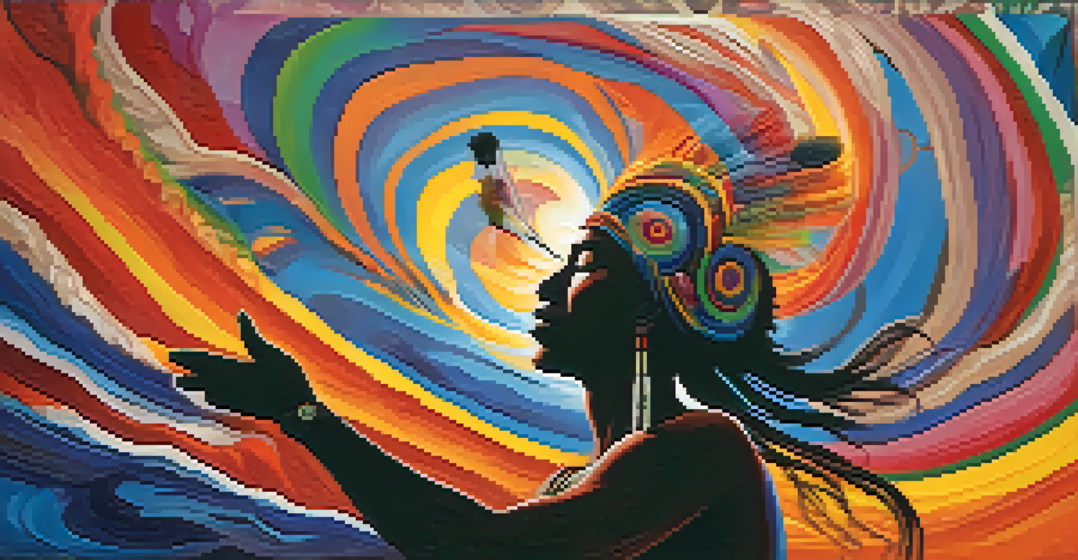A shaman's silhouette against a colorful background representing the sound waves of Icaros, with musical notes dancing in the air.