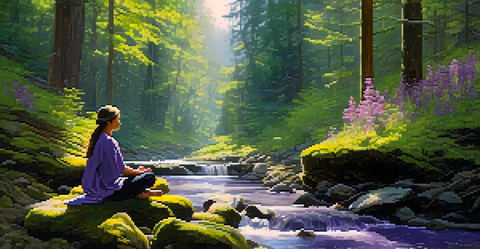 A person meditating in a peaceful forest surrounded by sunlight, wildflowers, and a stream.
