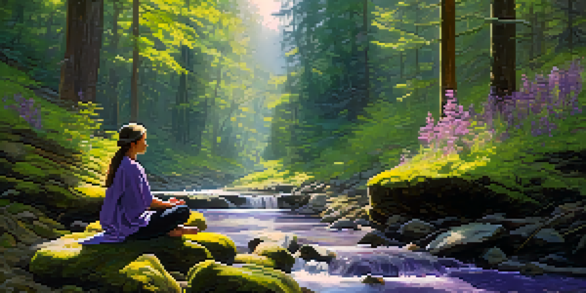 A person meditating in a peaceful forest surrounded by sunlight, wildflowers, and a stream.