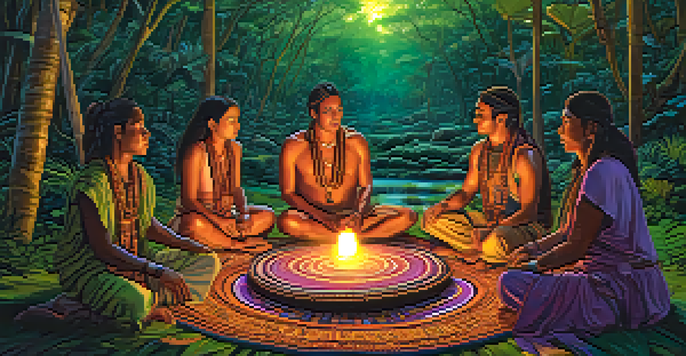 A peaceful Amazon rainforest during an Ayahuasca ceremony with a shaman and participants surrounded by vibrant foliage and a colorful sky.