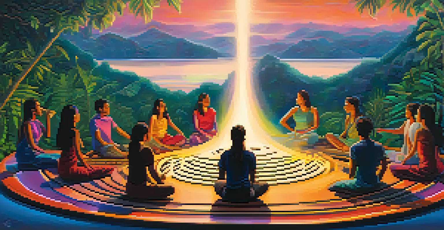Colorful sound waves illustrating the therapeutic power of music during an Ayahuasca ceremony with participants in the background.
