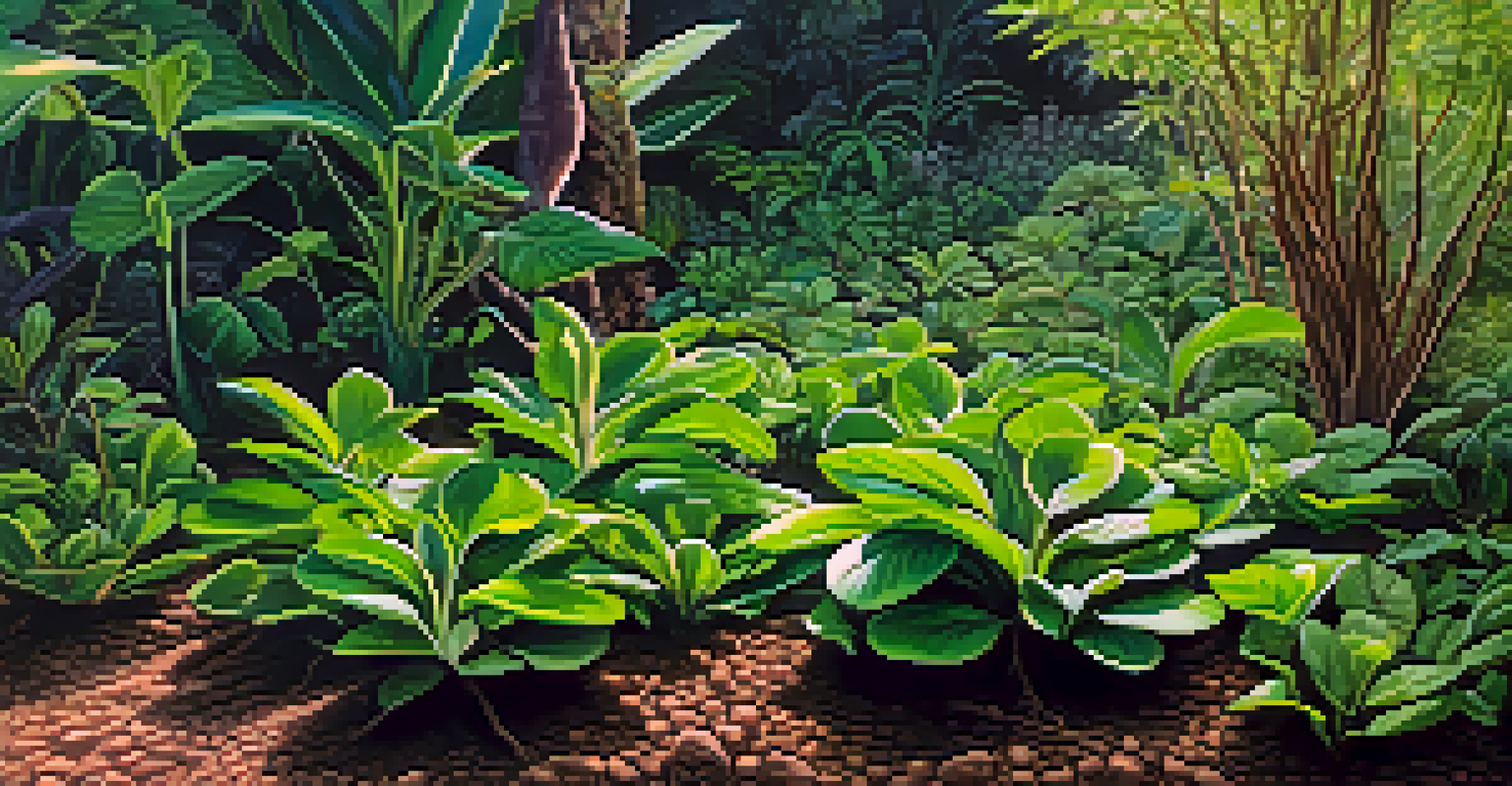 Close-up of healthy ayahuasca plants in a permaculture garden with rich soil and diverse companion plants.