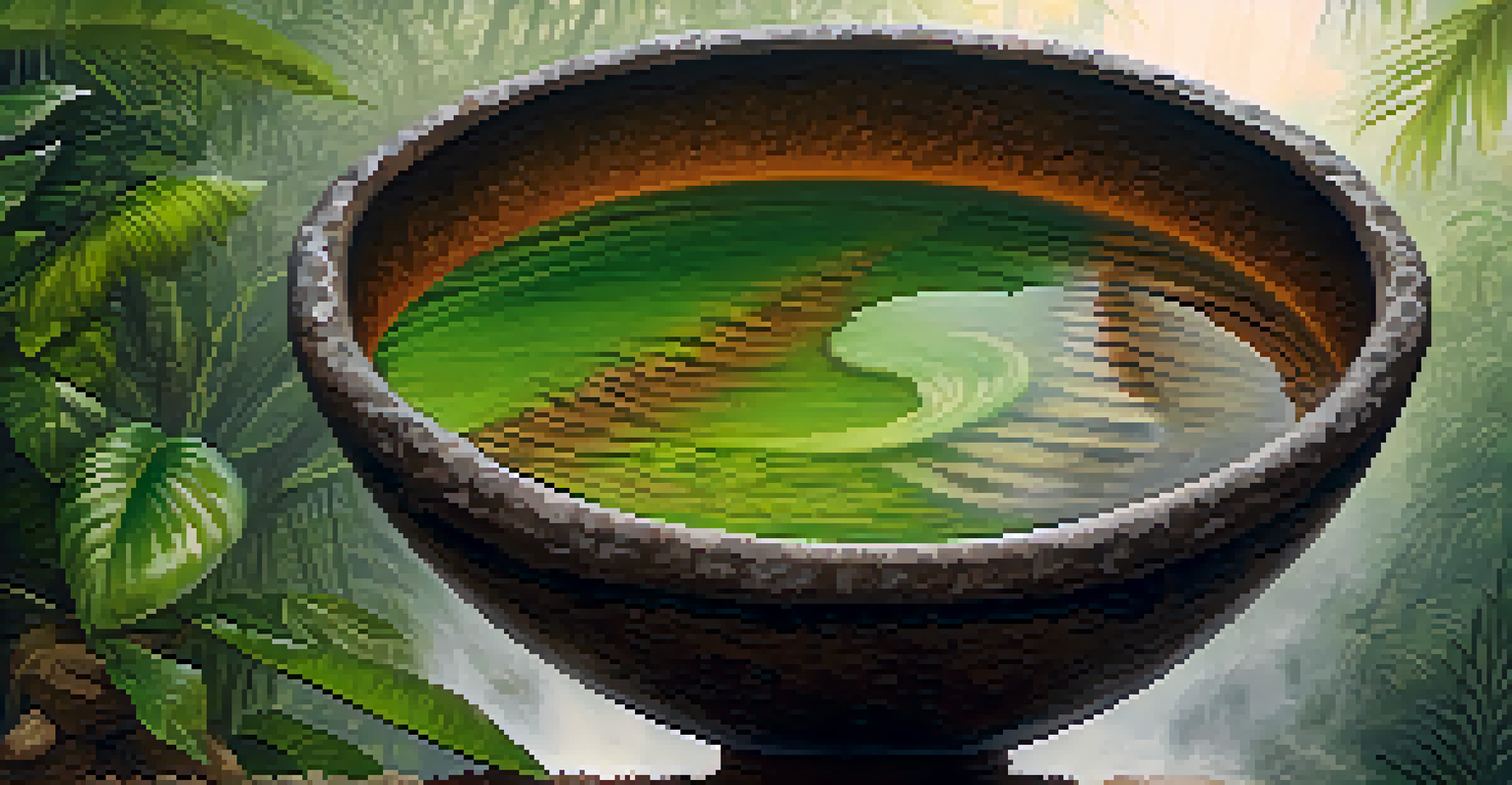 A close-up view of a traditional Ayahuasca brew in a clay bowl, with steam rising above, set against a blurred background of the Amazon rainforest.