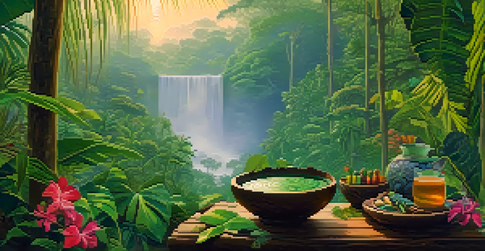 A peaceful Amazon rainforest at dawn with a wooden bowl of Ayahuasca brew surrounded by tropical flowers, and mist rising from the ground.